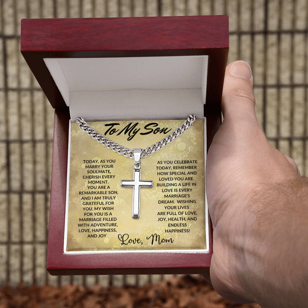 To My Son on Your Wedding Day | Personalized Steel Cross Necklace on Cuban Chain w/MC