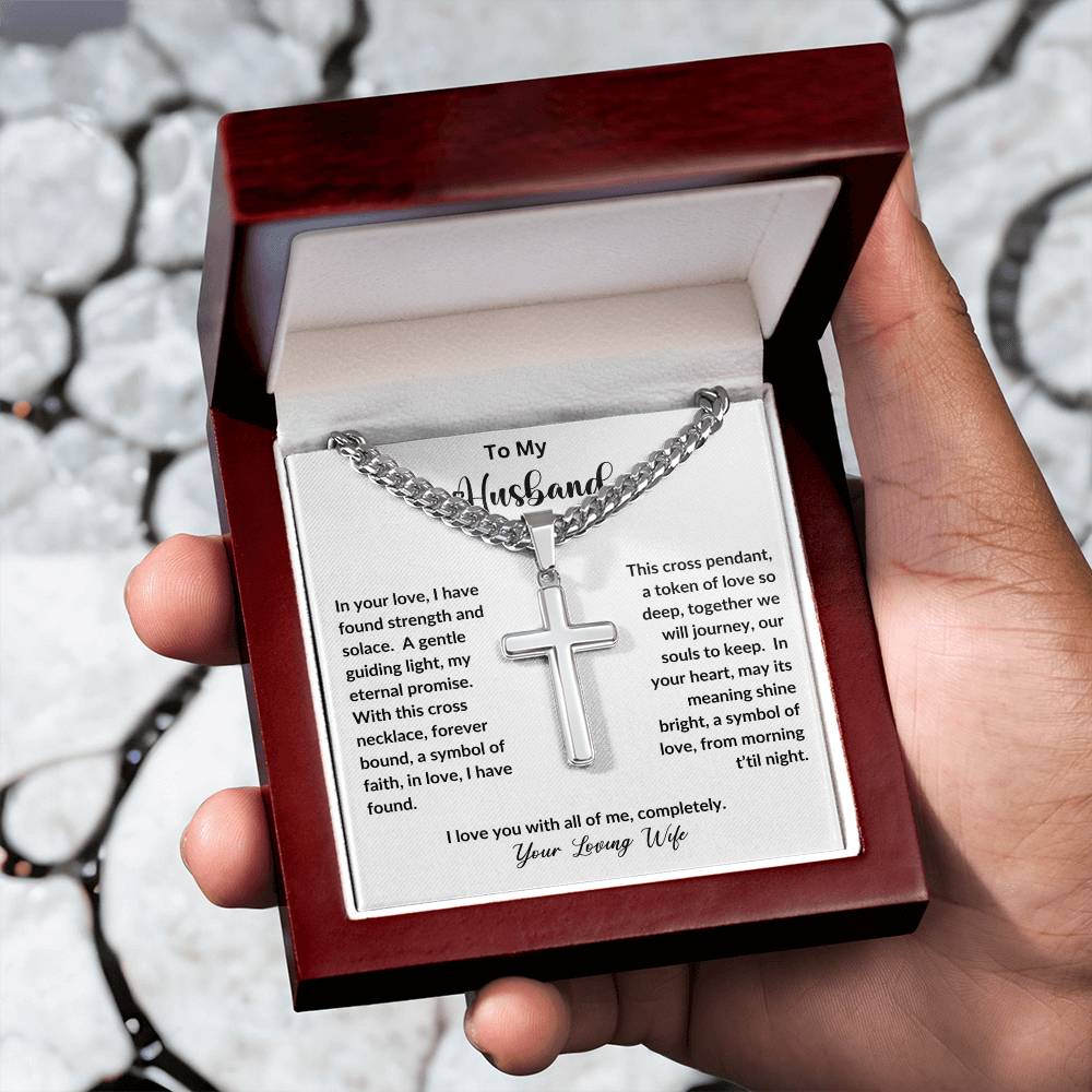 To My Husband | I love You | Personalized Steel Cross Necklace on Cuban Chain