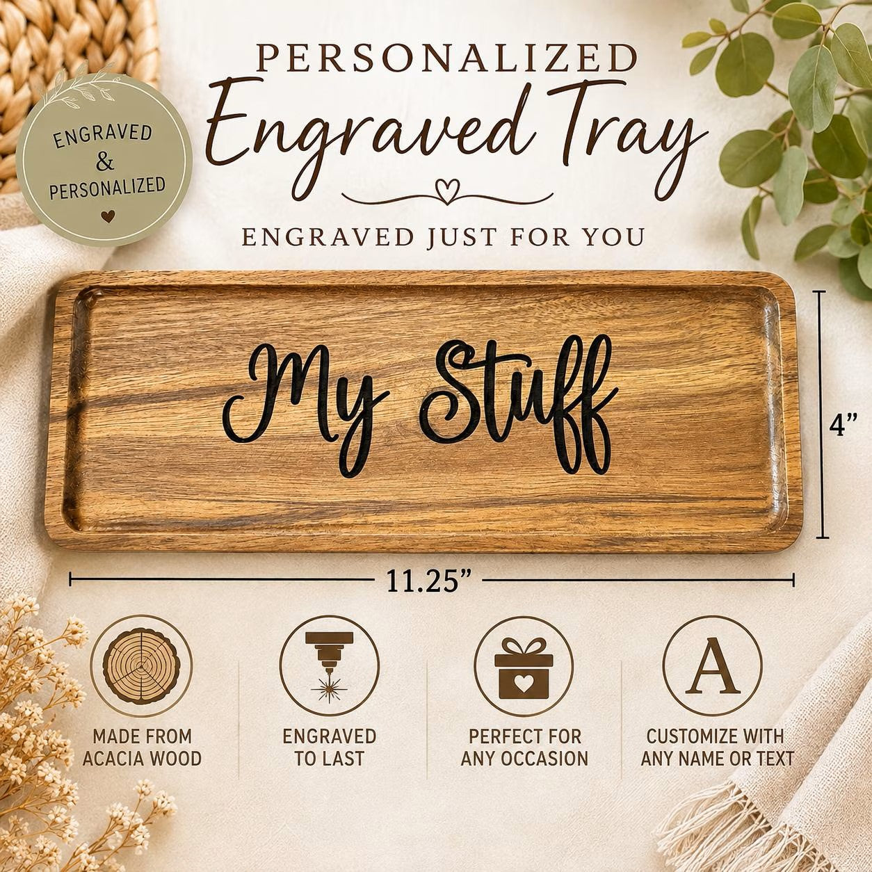 Personalized Engraved Acacia Wood Tray: 11.25 x 4" Catch-All, Charcuterie Plate
