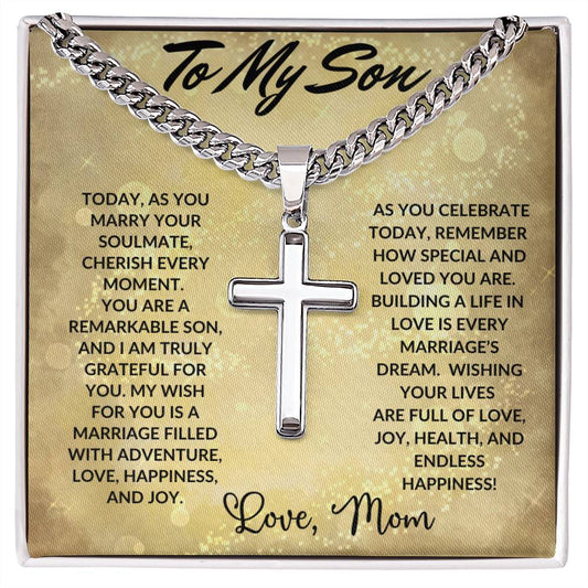 To My Son on Your Wedding Day | Personalized Steel Cross Necklace on Cuban Chain w/MC