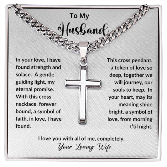 To My Husband | I love You | Personalized Steel Cross Necklace on Cuban Chain