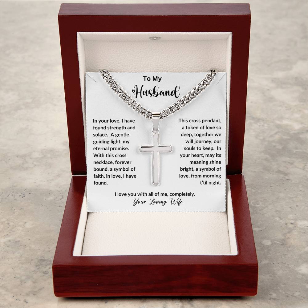 To My Husband | I love You | Personalized Steel Cross Necklace on Cuban Chain