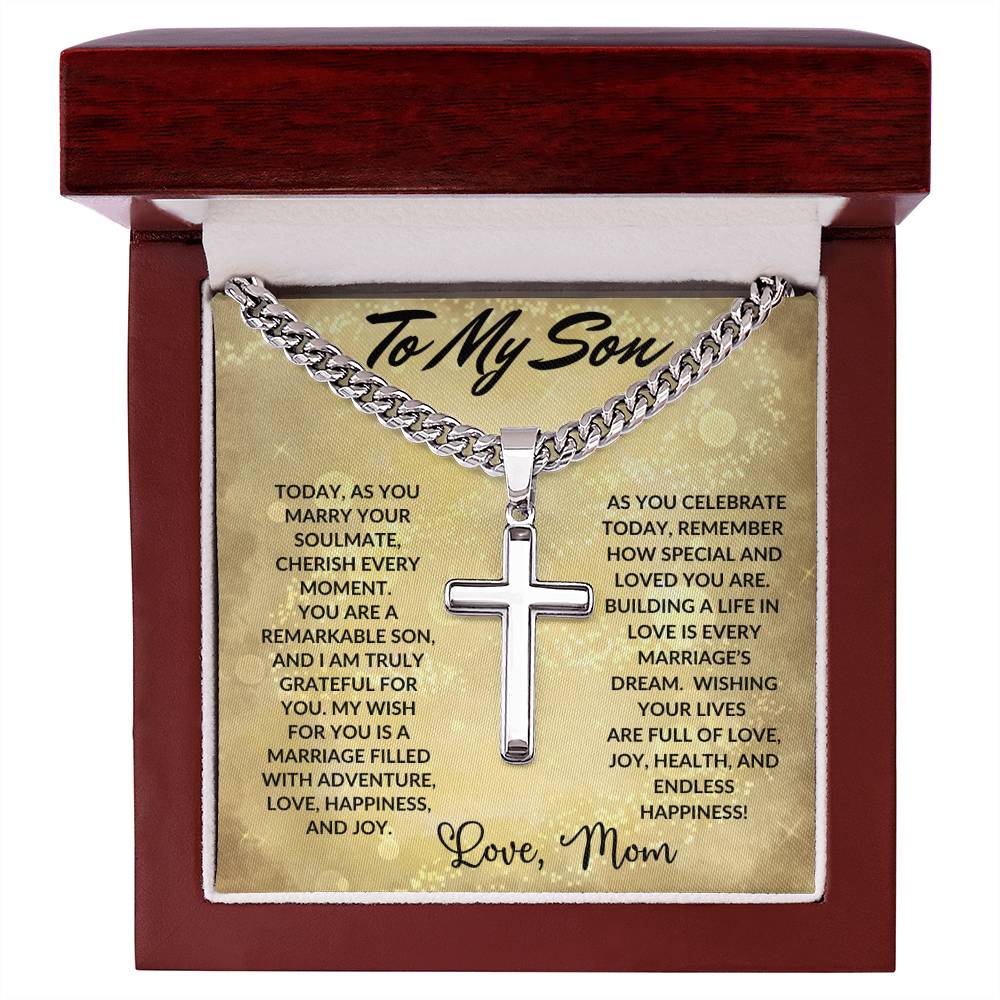 To My Son on Your Wedding Day | Personalized Steel Cross Necklace on Cuban Chain w/MC