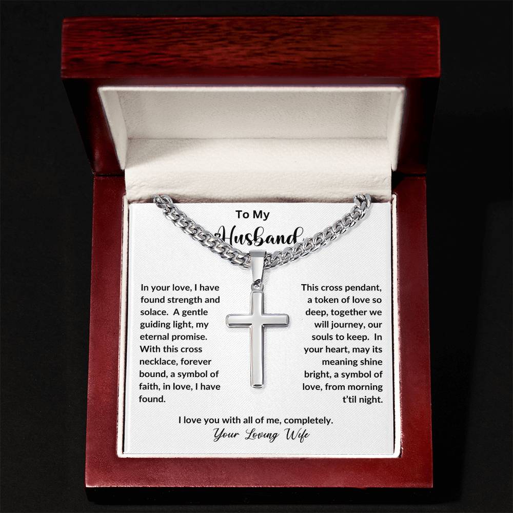 To My Husband | I love You | Personalized Steel Cross Necklace on Cuban Chain